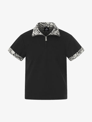 Leopard Trim Half Zip Polo T-Shirt