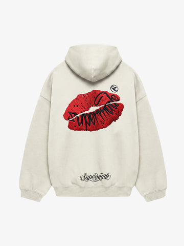 Oversized Hoodie with Lip Print Embroidery