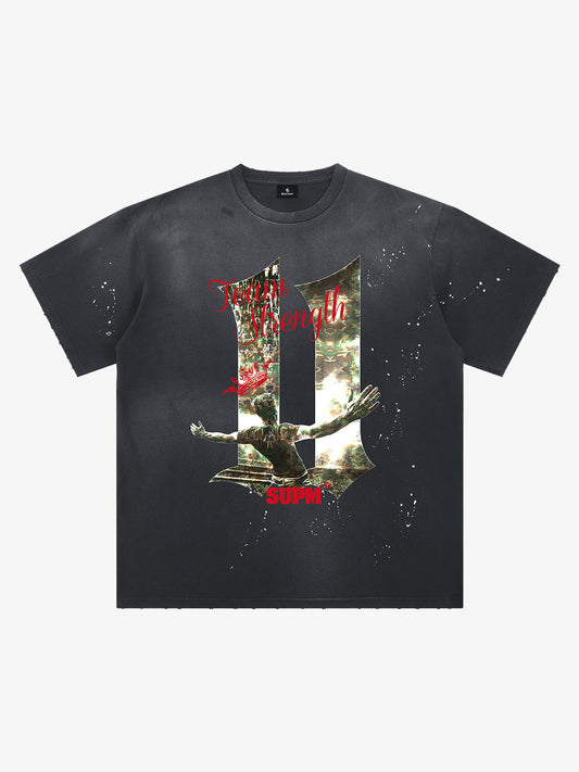Washed Distressed "Team Strength 11" Graphic T-Shirt 