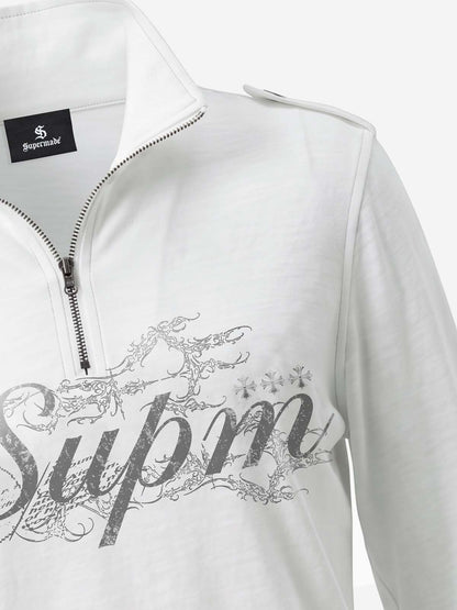 Logo Epaulette Stand Collar Long Sleeves Tee