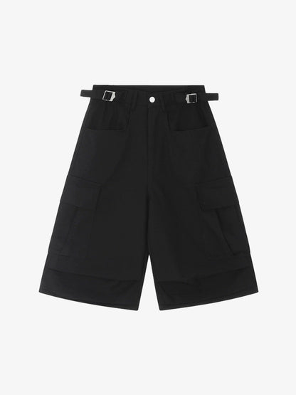 Urban Techwear Side Buckle Layered Hem Cargo Shorts