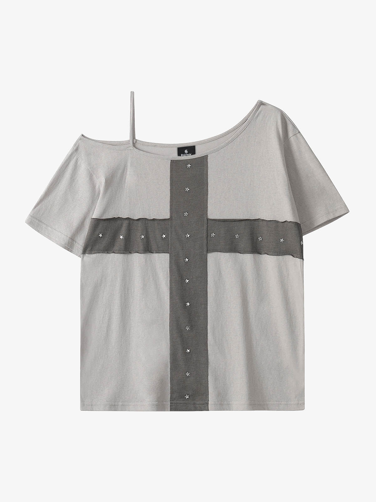 Cross Applique Off-Shoulder T-Shirt