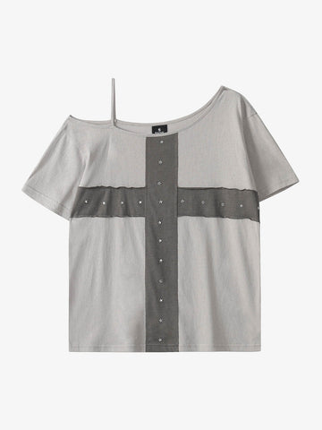 Cross Applique Off-Shoulder T-Shirt