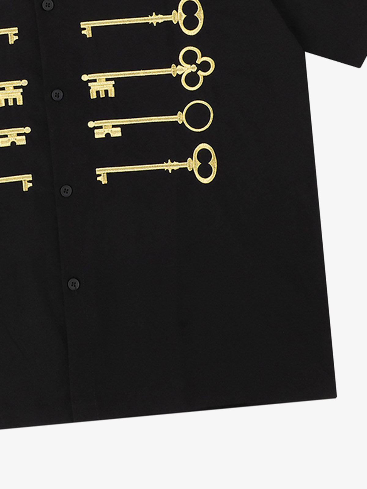 Black Cotton Button-Up Shirt with Gold Embroidered Key Motif – Classic Fit Top