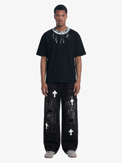 Distressed Cross Patchwork Baggy Denim Jeans - 2613 
