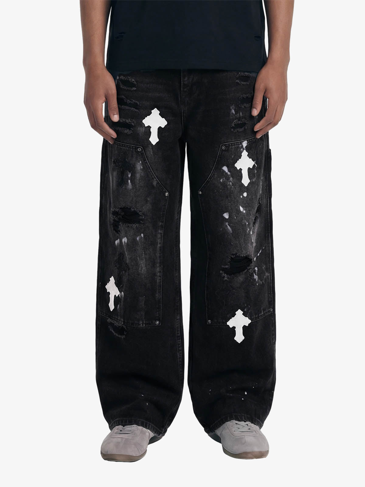 Distressed Cross Patchwork Baggy Denim Jeans - 2613 