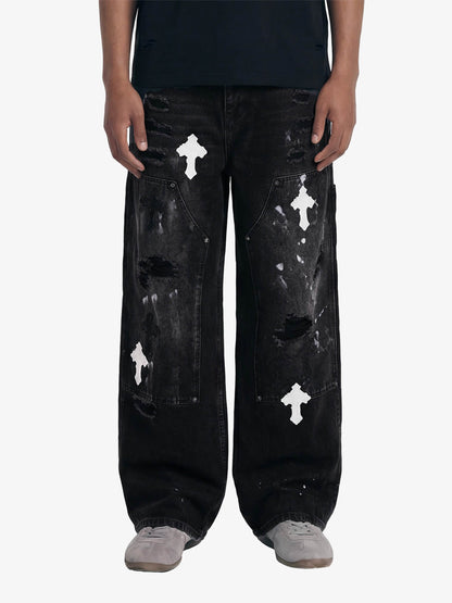 Distressed Cross Patchwork Baggy Denim Jeans - 2613 