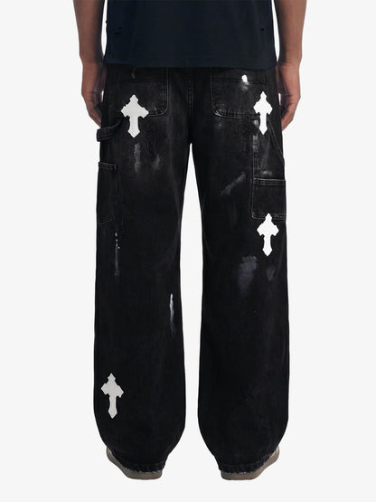 Distressed Cross Patchwork Baggy Denim Jeans - 2613 