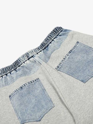 Vintage Wash Denim Waistband Patchwork Sweatpants 