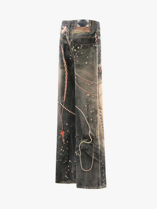 3D Chain Key Print Jeans