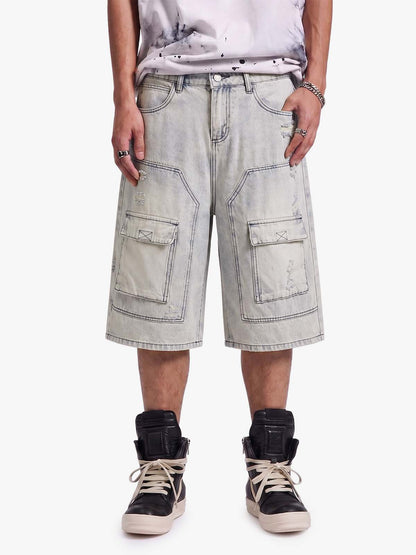 Distressed Denim Cargo Shorts