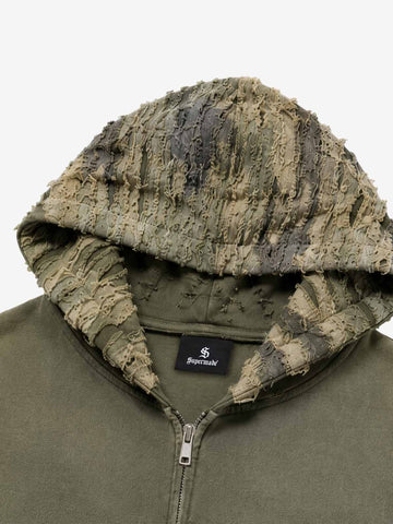 Camo Boro Paneled Distressed Zip Hoodie