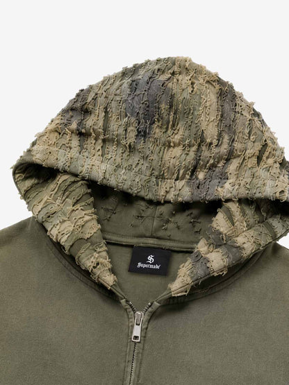 Camo Boro Paneled Distressed Zip Hoodie