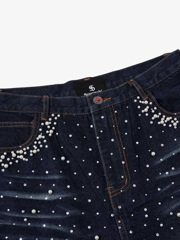 Pearl Embroidered Denim Shorts
