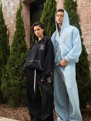 Cotton Blend Embroidered Pearl Detail Track Jacket with Zip Front and Hood 