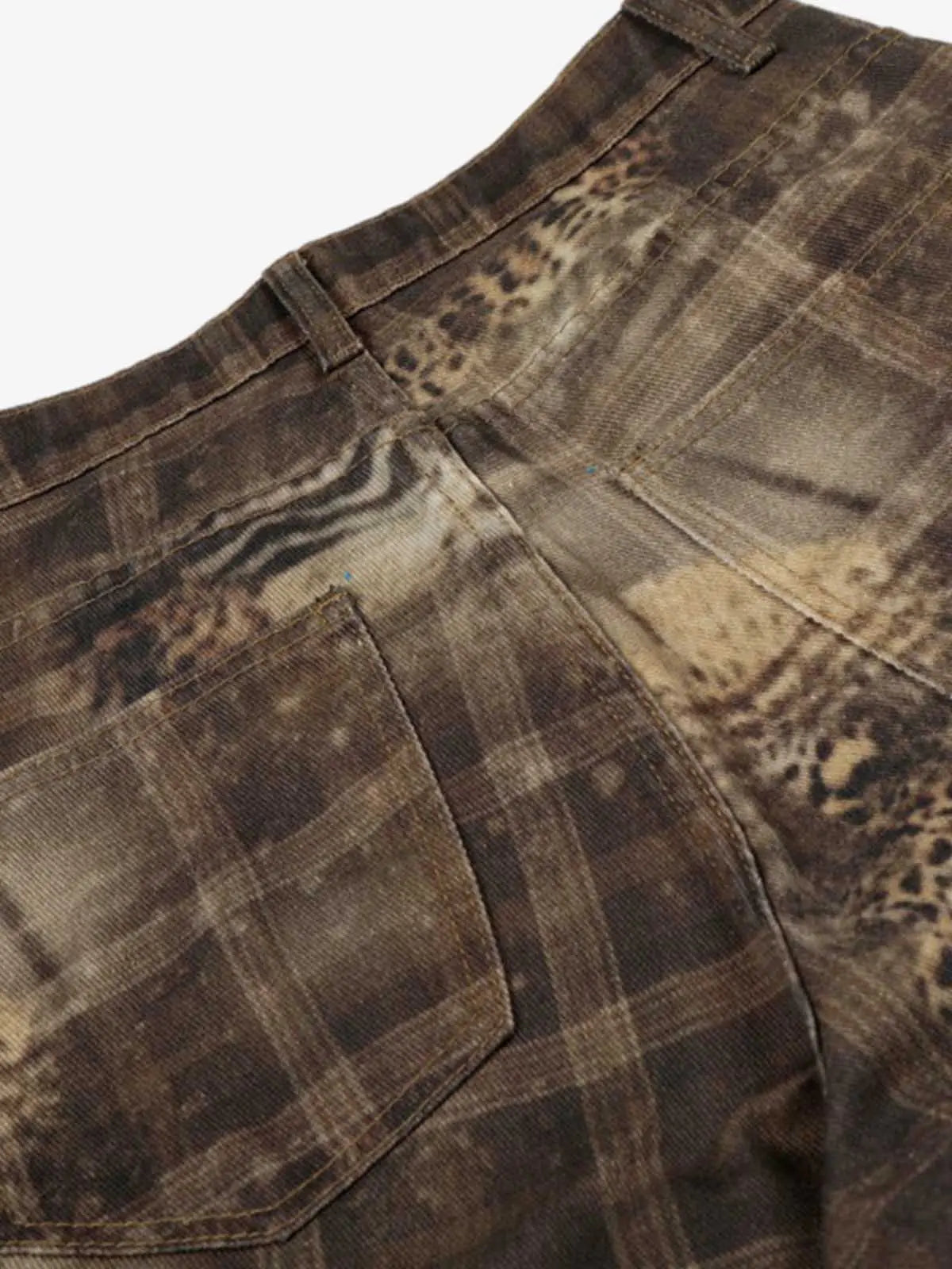 Plaid Leopard Print Cargo Barrel Jeans 