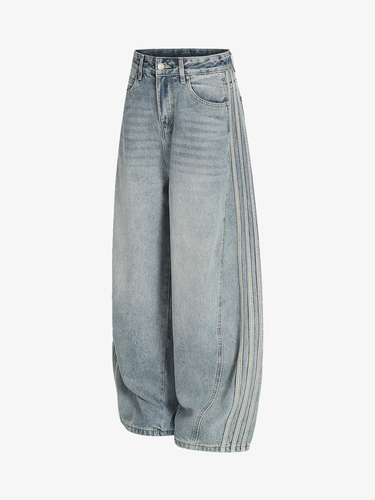 Retro Washed Side Striped Barrel Denim Jeans 
