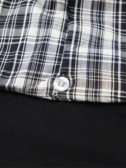 Jersey Knit Detachable Badge Hooded Plaid Cape T-Shirt 
