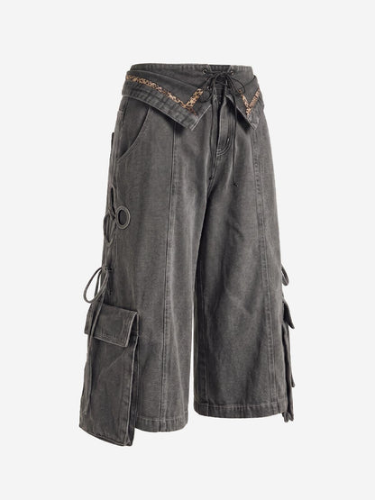 Turned-Waist Utility Wide-Leg Jeans