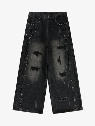 Vintage Washed Distressed Metal Ring Baggy Jeans 