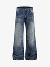 Vintage Washed Distressed Flared Denim Jeans 