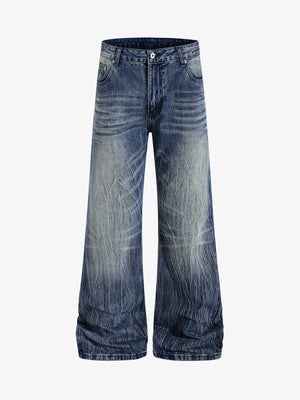 Vintage Washed Distressed Flared Denim Jeans 