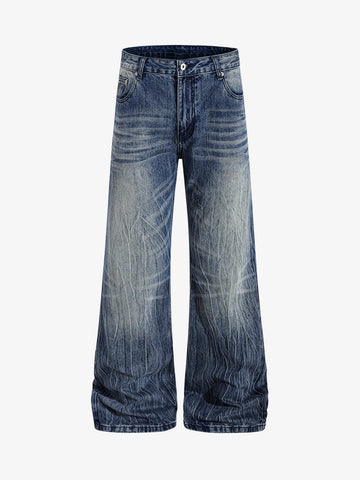 Vintage Washed Distressed Flared Denim Jeans 