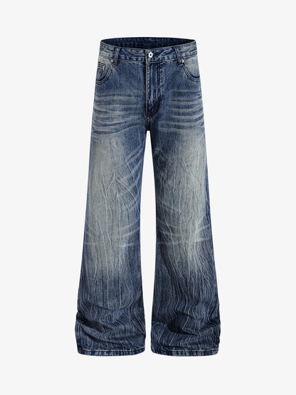 Vintage Washed Distressed Flared Denim Jeans 