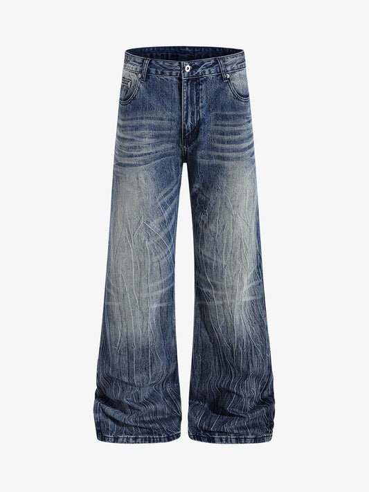 Vintage Washed Distressed Flared Denim Jeans 