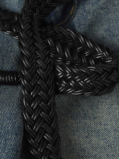 Braided Drawstring Waist Patchwork Cargo Jeans 