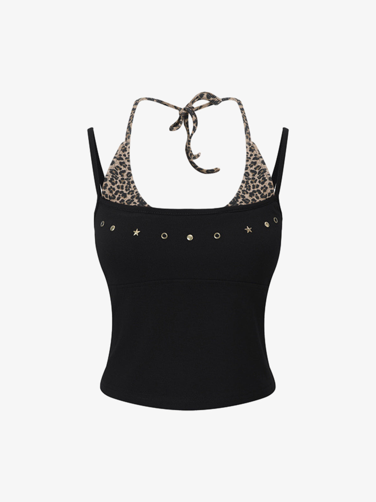 Leopard Print Halter Crop Top – Stretch Cotton with Gold Stud Detail