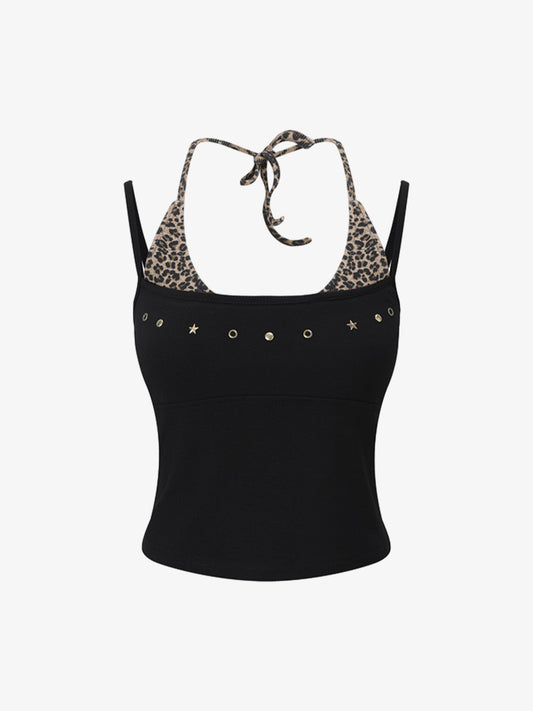 Leopard Print Halter Crop Top – Stretch Cotton with Gold Stud Detail