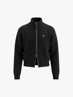 Leather Patch Embroidered Zip Cardigan