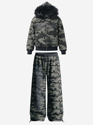 Fur Hood Cardigan Camouflage Set