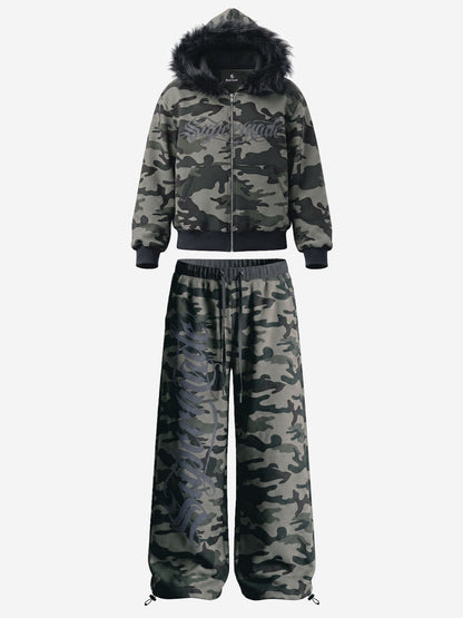 Fur Hood Cardigan Camouflage Set