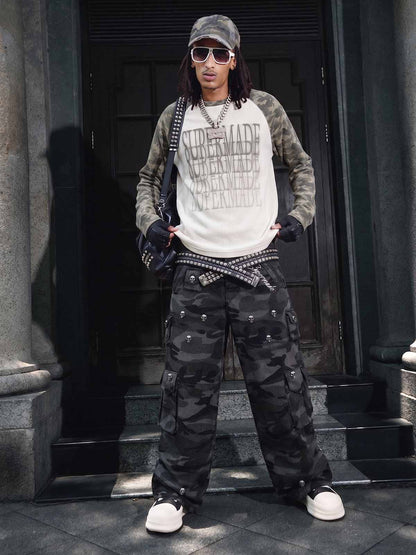 Dark Camo Cargo Pants with Skull Rivet Detail