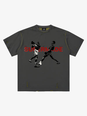 Black Distressed Graphic T-Shirt with Boxing Print – Relaxed Fit Streetwear Tee