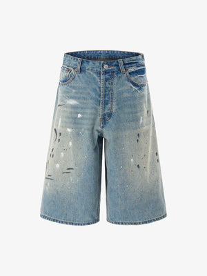 Washed Distressed Ink-Splashed Denim Shorts 