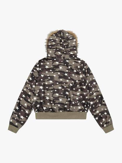 Camo Star Print Faux Fur Cropped Zip-Up Hoodie