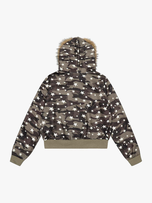 Camo Star Print Faux Fur Cropped Zip-Up Hoodie