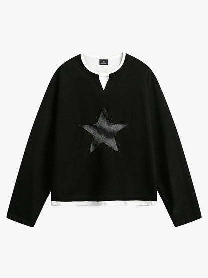 Layered Crewneck Star Print Long-Sleeve T-Shirt 