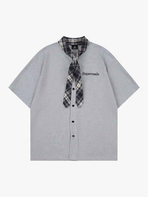 Plaid Scarf Sleeve Waffle Shirt with Letter Embroidery