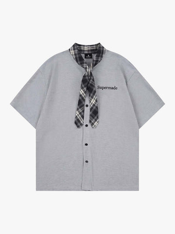 Plaid Scarf Sleeve Waffle Shirt with Letter Embroidery