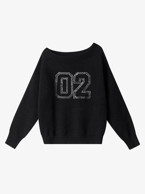 Off-Shoulder Sequin Number Graphic Sweater