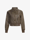Metal Button Cropped Leather Bomber Jacket