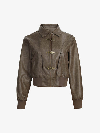 Metal Button Cropped Leather Bomber Jacket