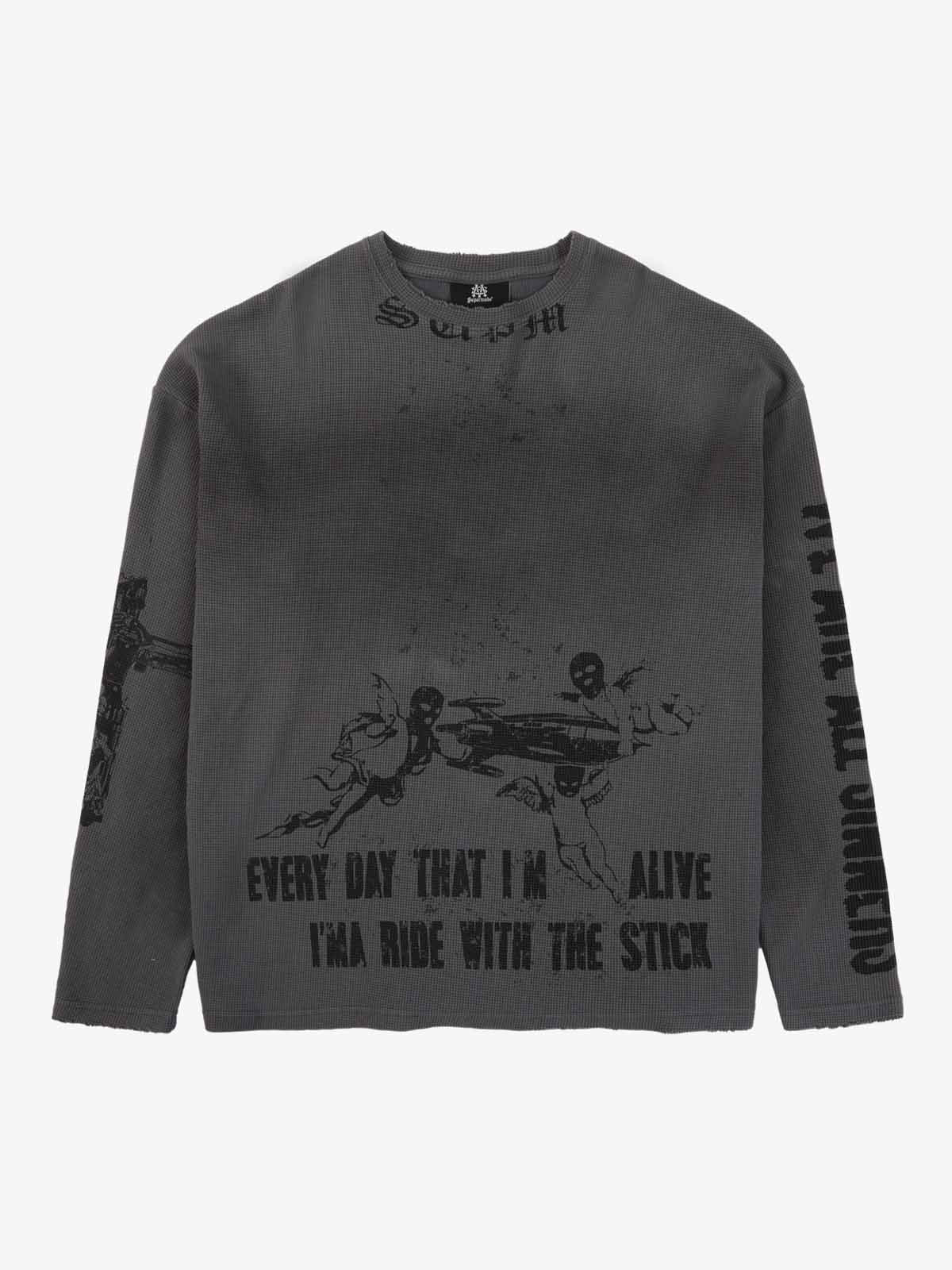Waffle-Knit Distressed Gradient Print Long T-Shirt 