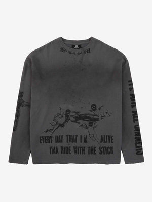 Waffle-Knit Distressed Gradient Print Long T-Shirt 