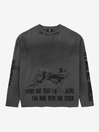 Waffle-Knit Distressed Gradient Print Long T-Shirt 