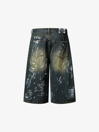 Light Wash Distressed Denim Shorts – Graffiti Print Wide-Leg Streetwear
